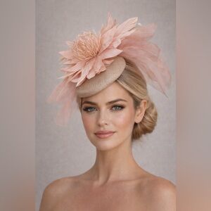 Blush Pink Floral Fascinator on Beige Sinamay Base